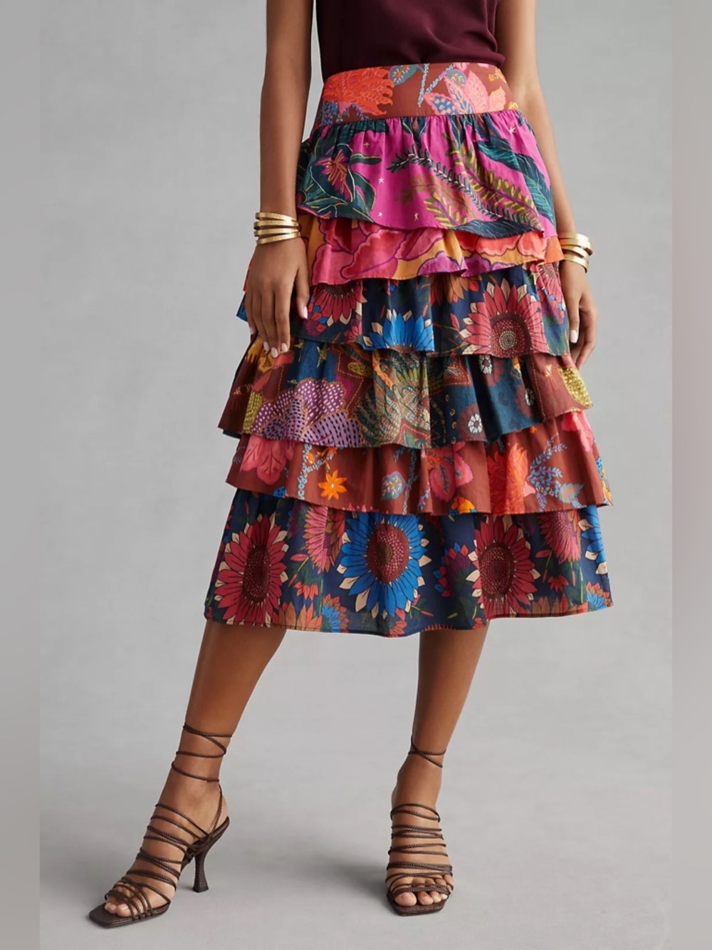 NWT Farm Rio Tiered Floral Ruffled Midi Skirt